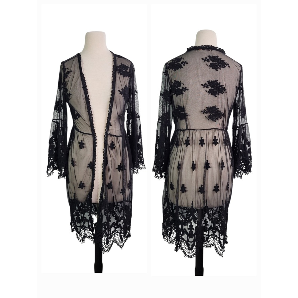 Origami Sheer Mesh Kimono Duster‎ Lace Embroidered XL Black Bell Sleeve Boho